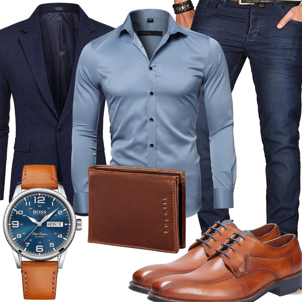 Blau-Braunes Herrenoutfit mit Hemd, Sakko und Geldbörse