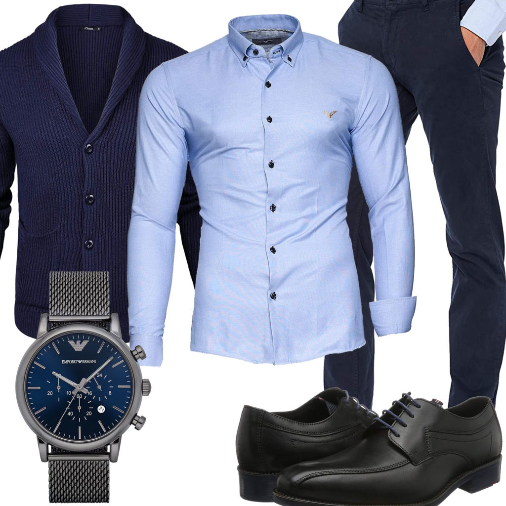 Herren-Style mit hellblauem Hemd und Strickjacke