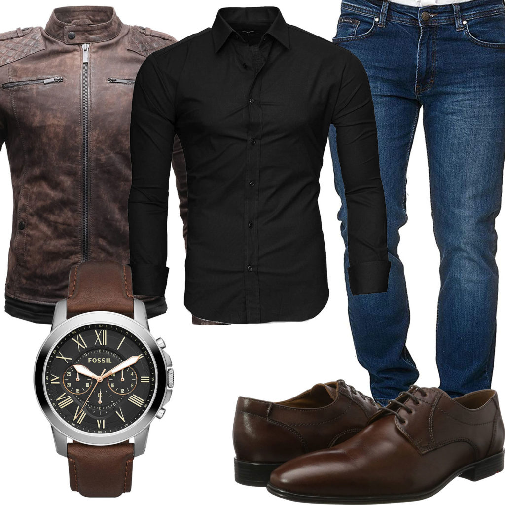 Style mit brauner Lederjacke, Uhr und Lederschuhen