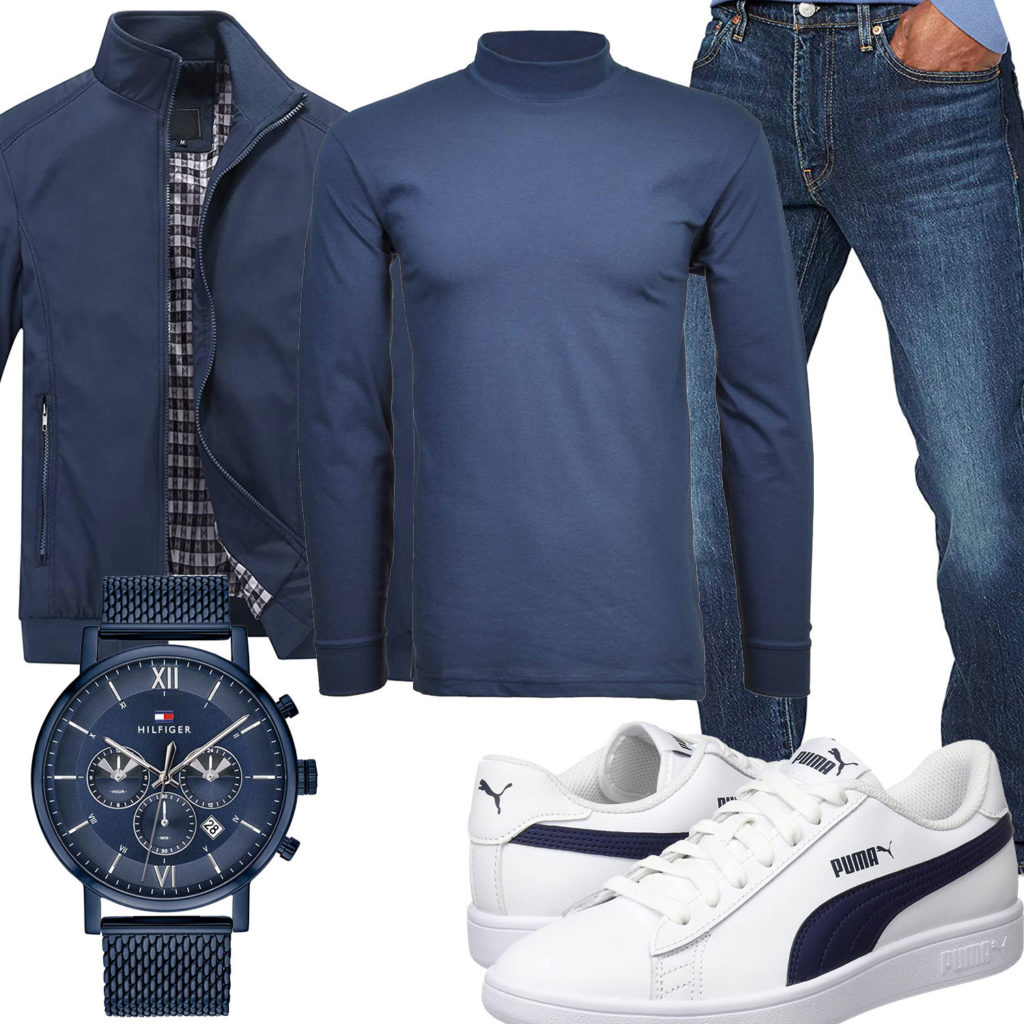 Blau-Weißes Herrenoutfit mit Jacke und Pullover