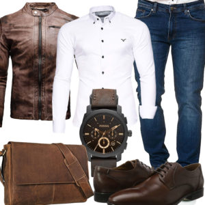 Herren-Style mit weißem Hemd, Jeans und Lederjacke