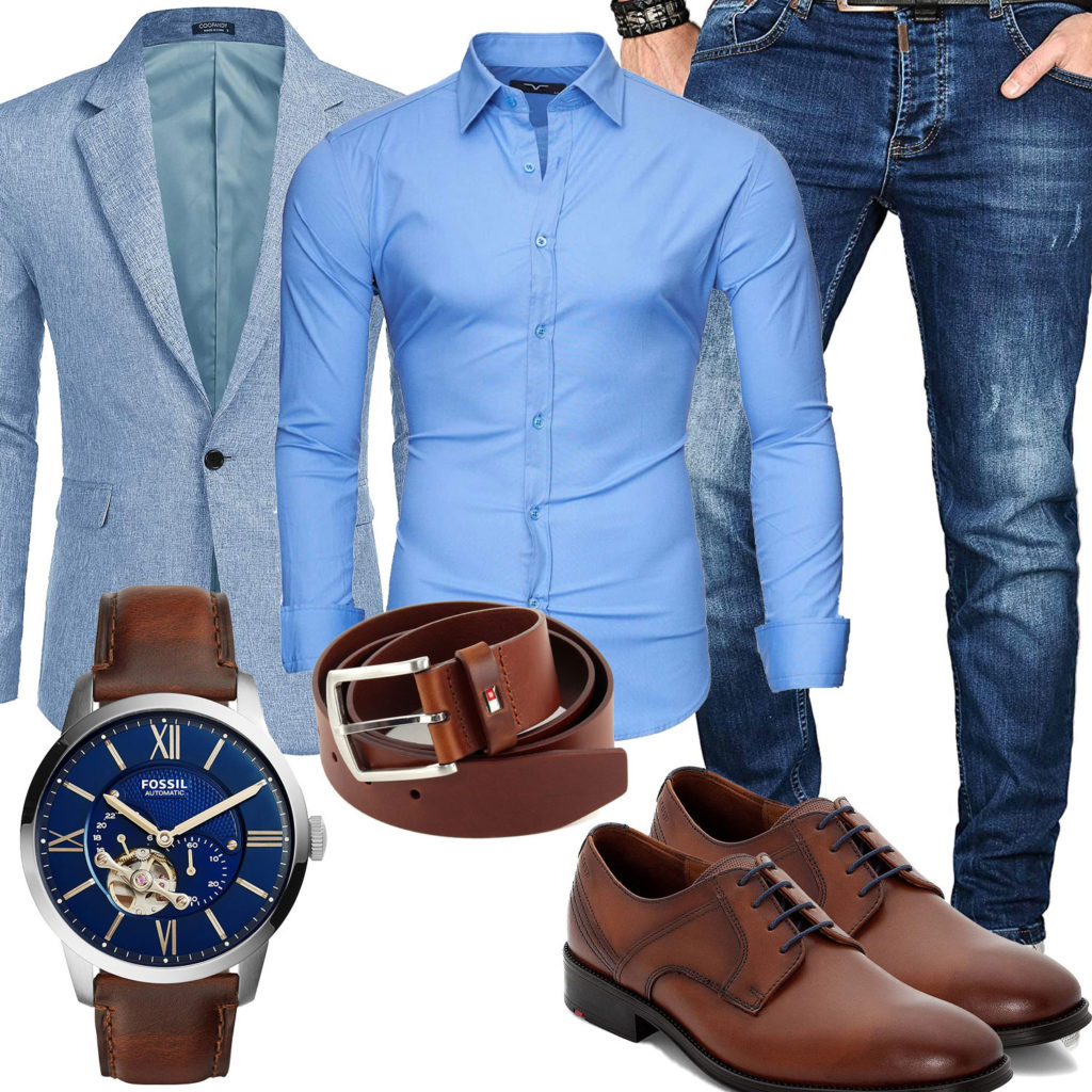 Herren-Style mit hellblauem Hemd und Sakko