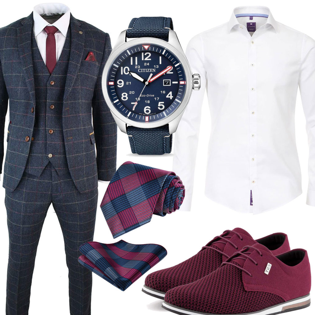 Business-Style mit weinroten Schuhen und Krawatte