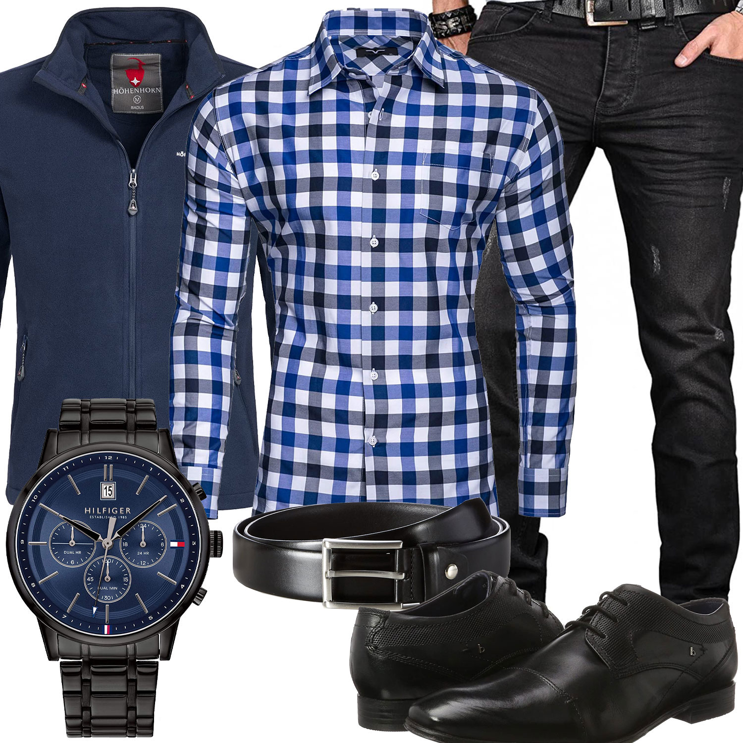 Herren-Style mit kariertem Hemd, Jeans und Übergangsjacke