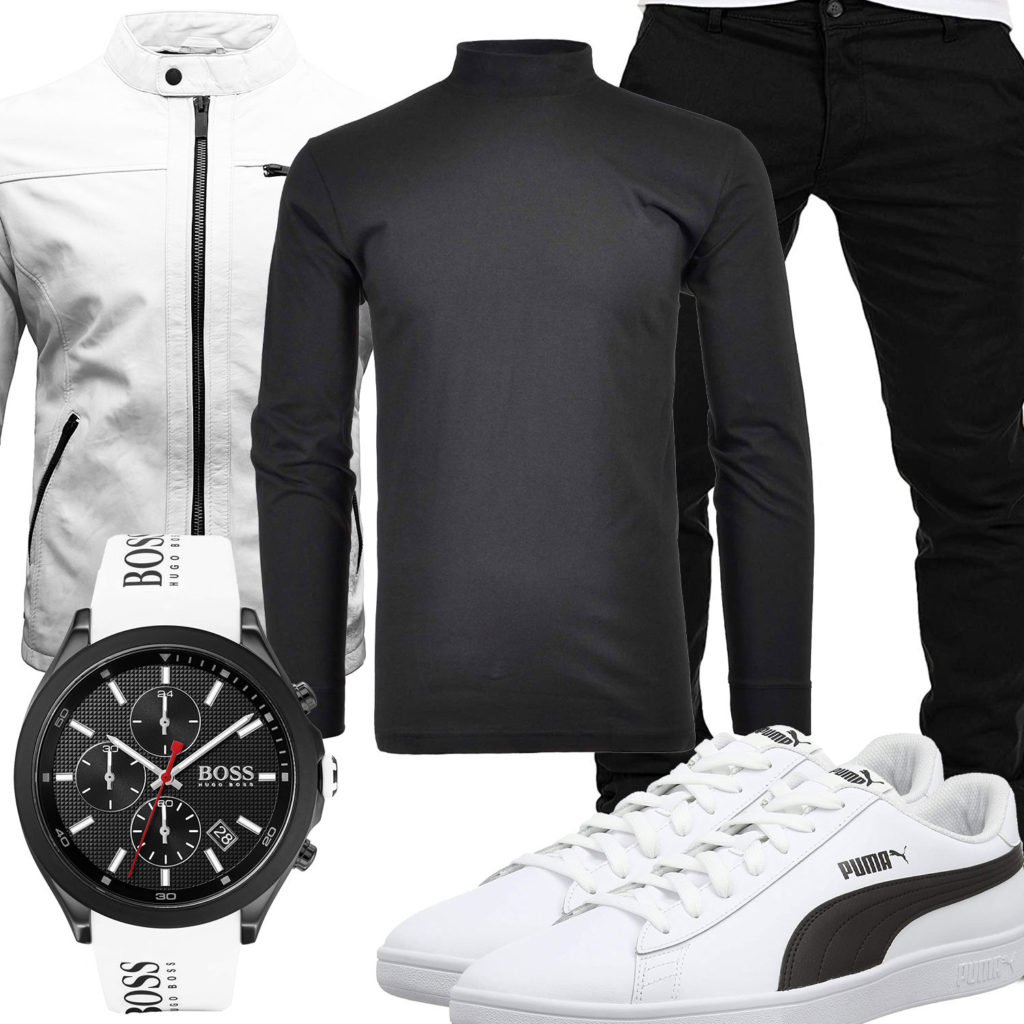 Schwarz-Weißer Style mit Lederjacke und Uhr