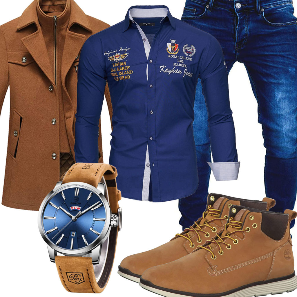 Beige-Blaues Herrenoutfit mit Jeans, Mantel und Hemd
