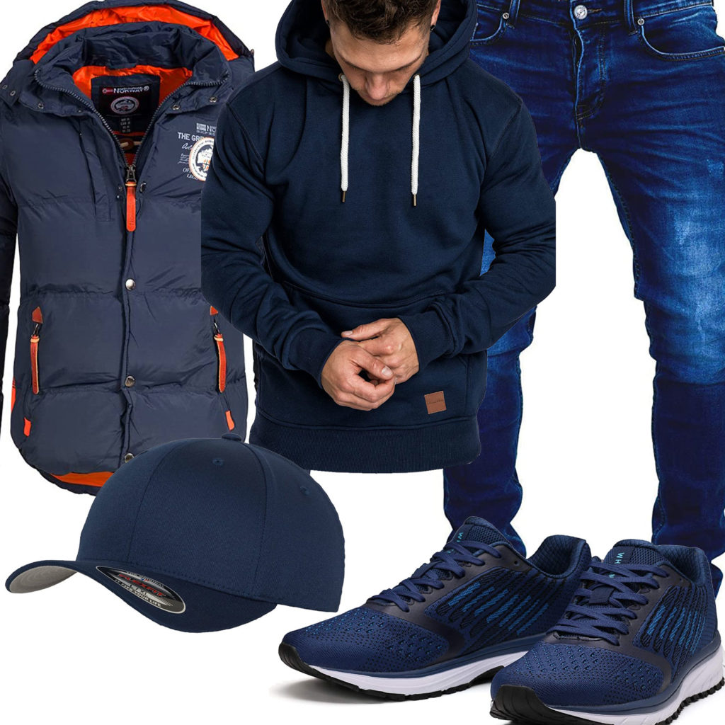 Blaues Herrenoutfit mit Jacke, Jeans und Cap