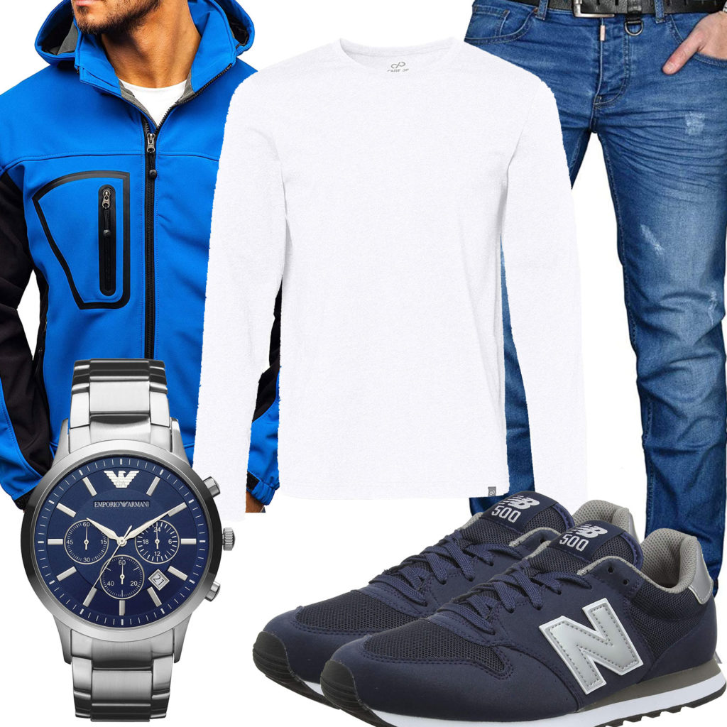 Blaues Herrenoutfit mit Softshelljacke, Jeans und Uhr