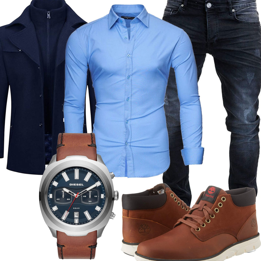 Eleganter Style mit blauem Hemd, Wollmantel und Jeans