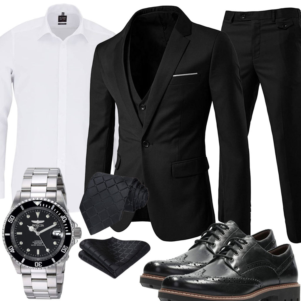 Business-Style mit schwarzem Anzug, Krawatte und Uhr