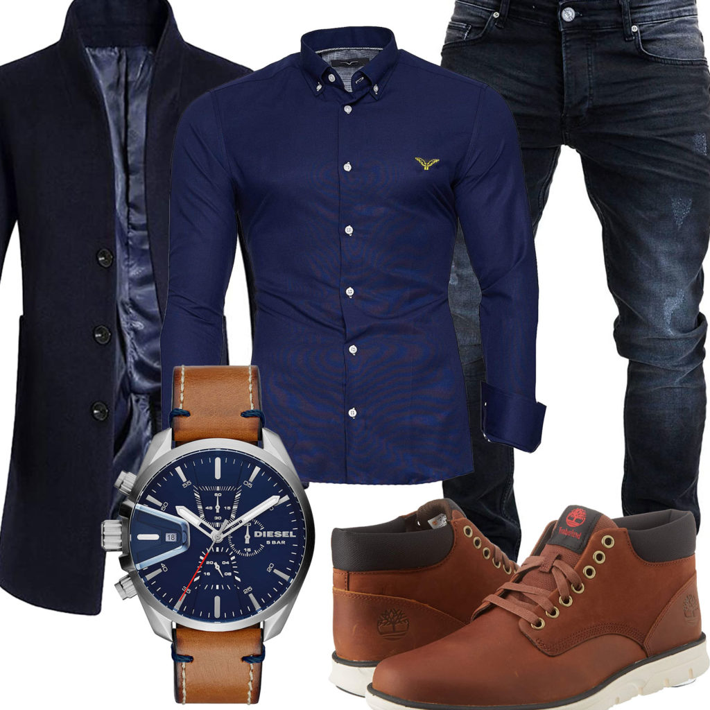 Eleganter Herren-Style mit blauem Hemd und Mantel