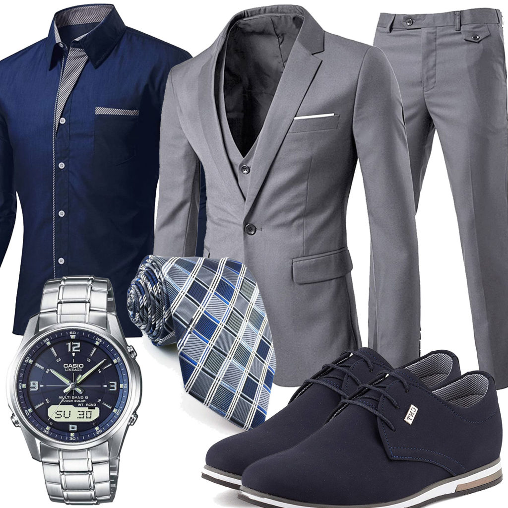 Blau-Graues Herrenoutfit mit Anzug und Hemd
