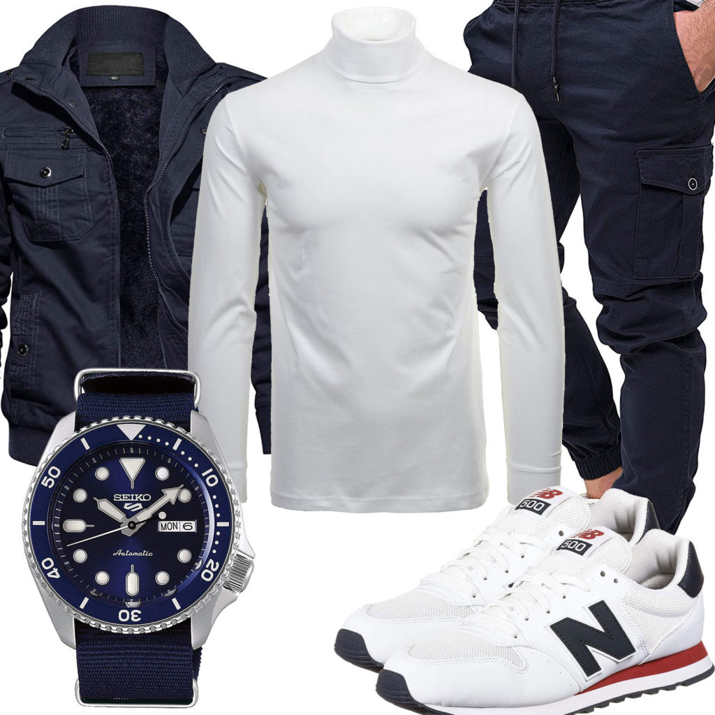 Blau-Weißes Herrenoutfit mit Uhr, Sneaker und Jacke