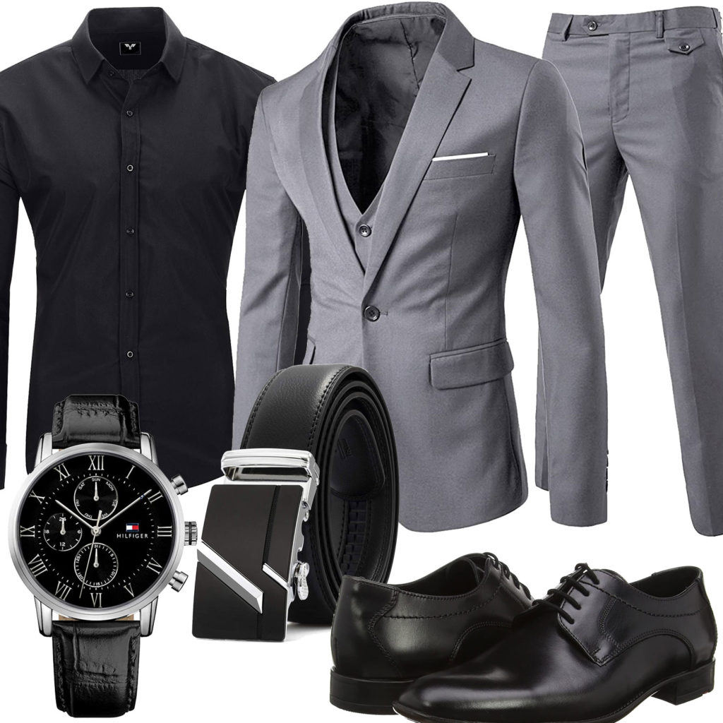 Business-Herrenoutfit mit grauem Anzug und Uhr