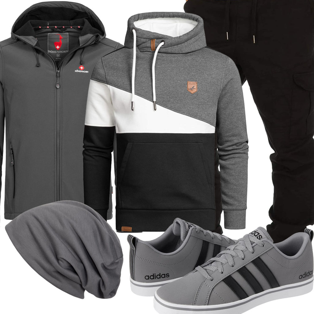 Schwarz-Graues Herrenoutfit mit Hoodie und Adidas Sneakern