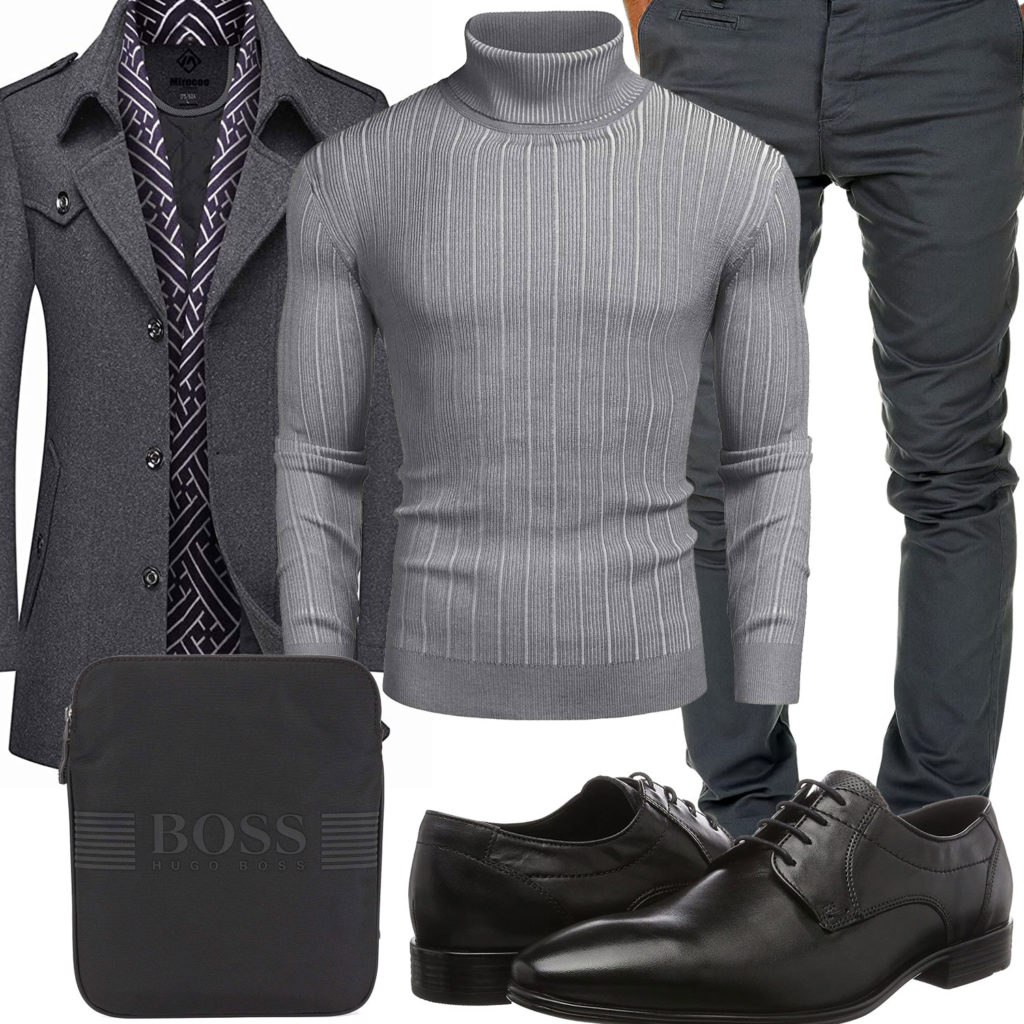 Grau-Schwarzes Herrenoutfit mit Mantel und Tasche