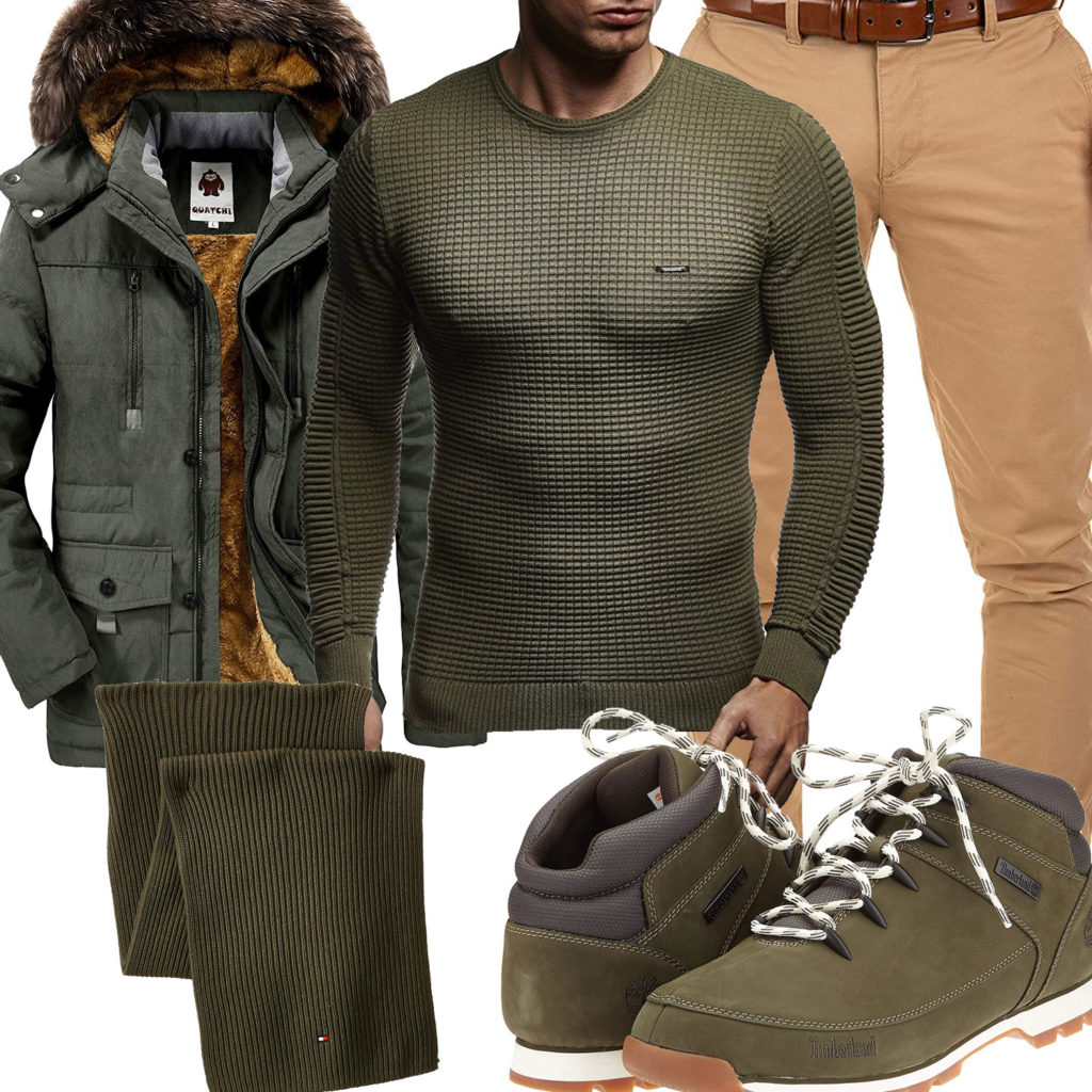 Grünes Herrenoutfit mit Pullover, Jacke und Boots