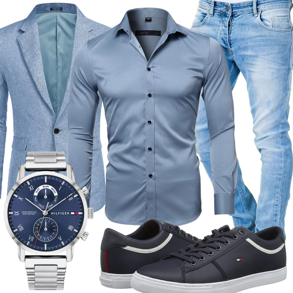 Hellblaues Herrenoutfit mit Hemd, Sakko und Jeans