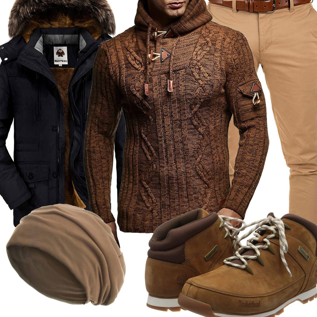 Braunes Herrenoutfit mit Pullover, Jacke und Boots