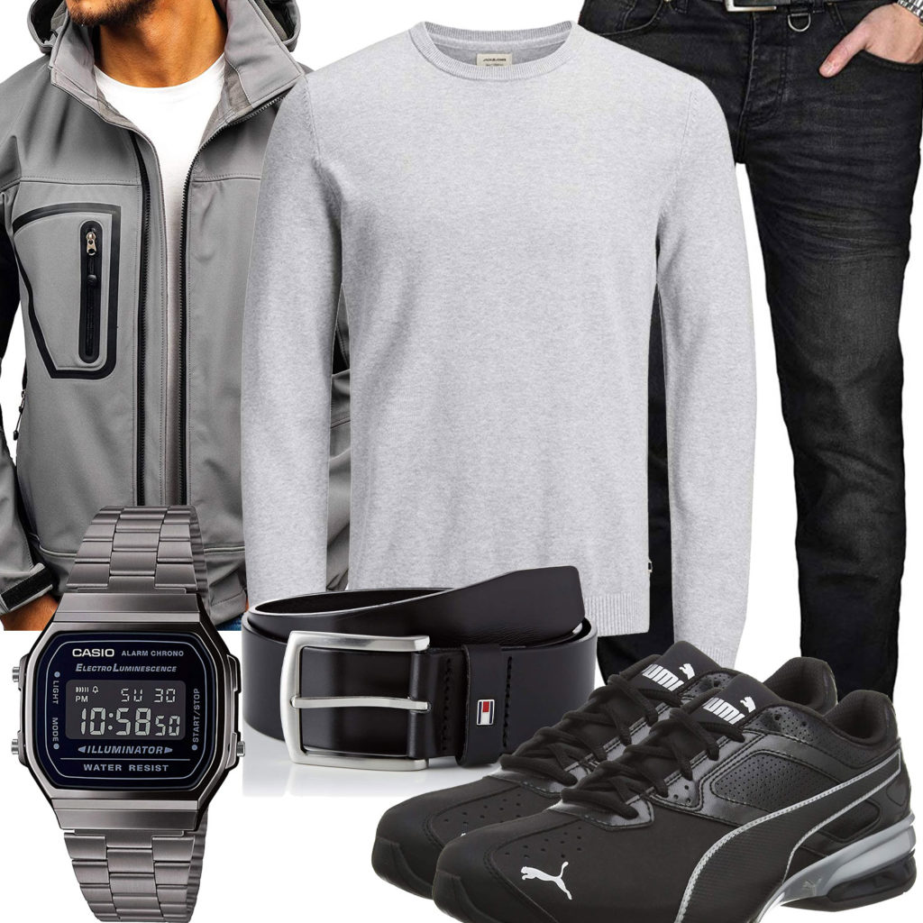 Grau-Schwarzes Herrenoutfit mit Softshelljacke und Jeans