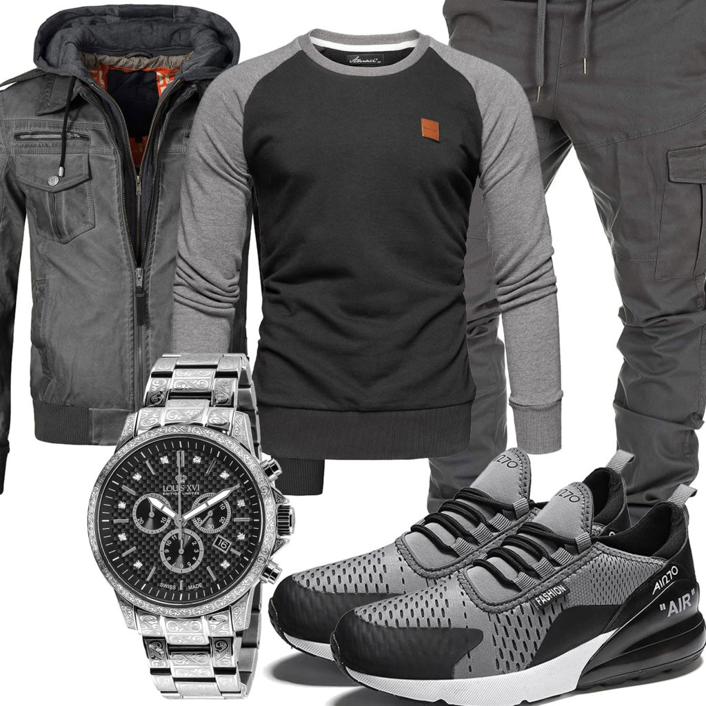 Grau-Schwarzes Herrenoutfit mit Lederjacke und Jogginghose