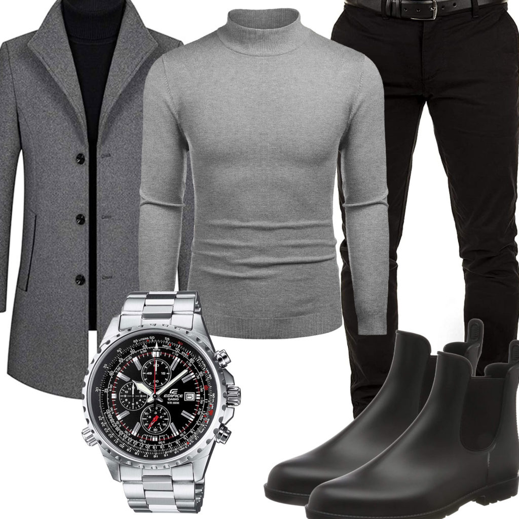 Grau-Schwarzes Herrenoutfit mit Mantel und Pullover