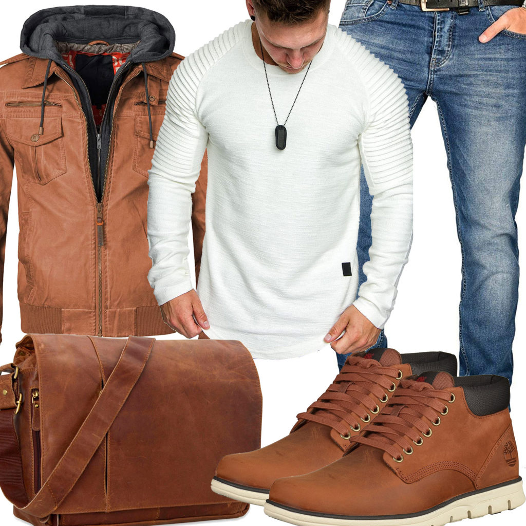 Herren-Style mit hellbrauner Jacke und Boots