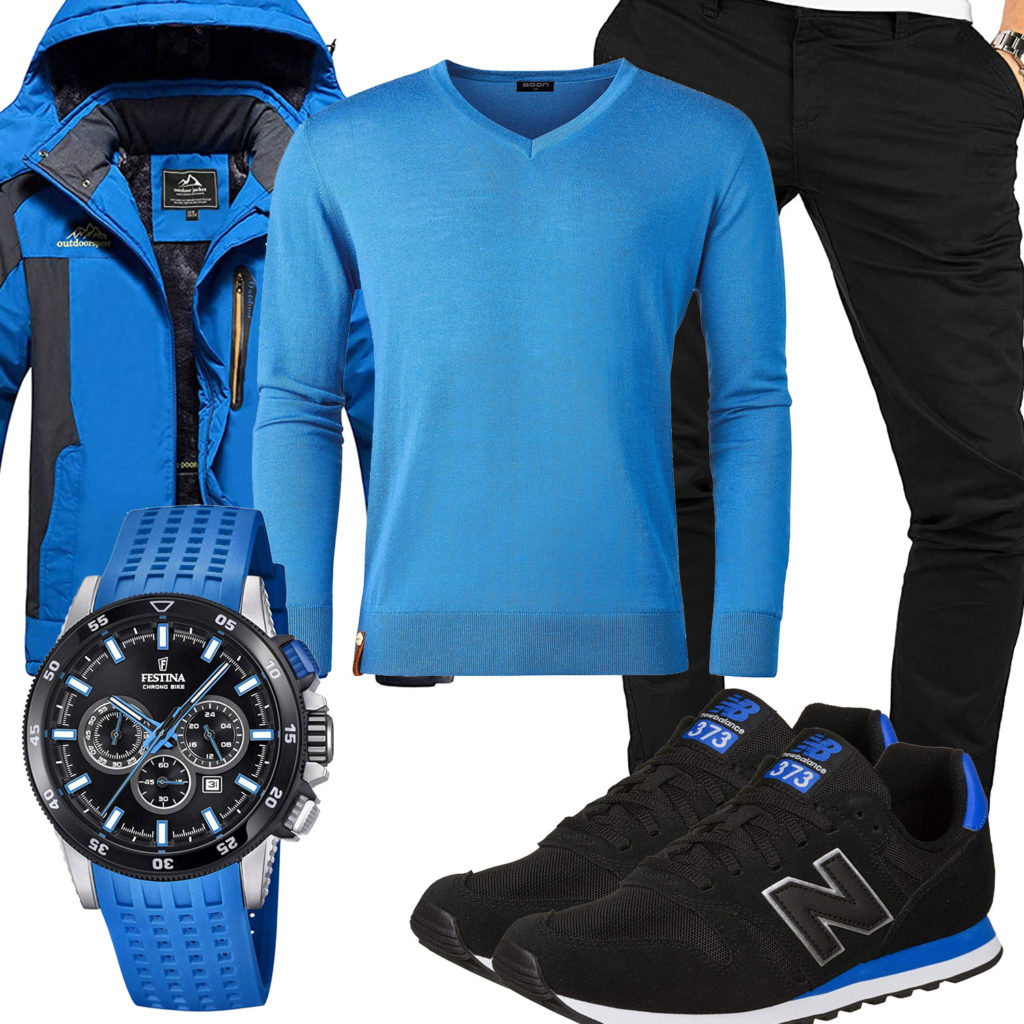 Blau-Schwarzes Herrenoutfit mit warmer Jacke