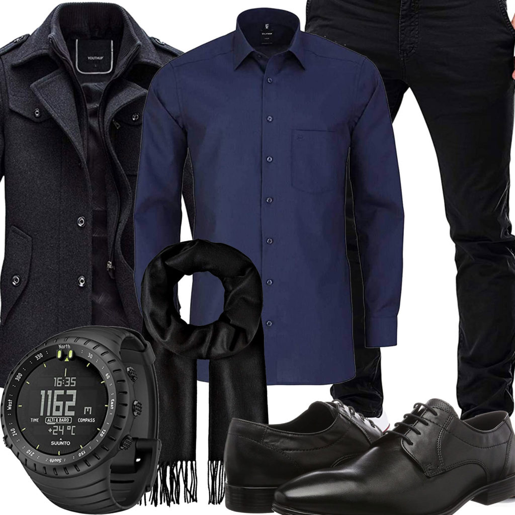 Schwarzes Herrenoutfit mit dunkelblauem Hemd und Uhr
