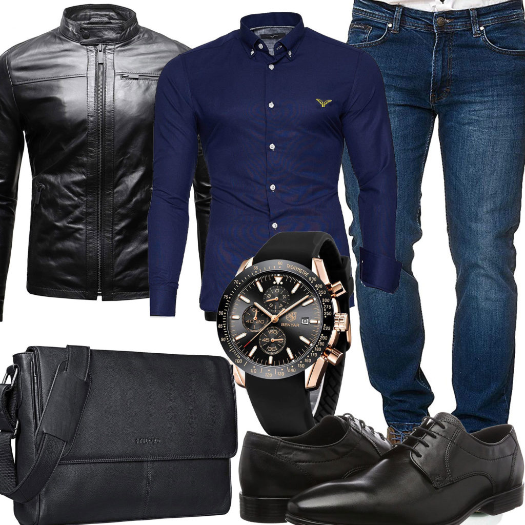 Schwarz-Blaues Herrenoutfit mit Hemd und Lederjacke