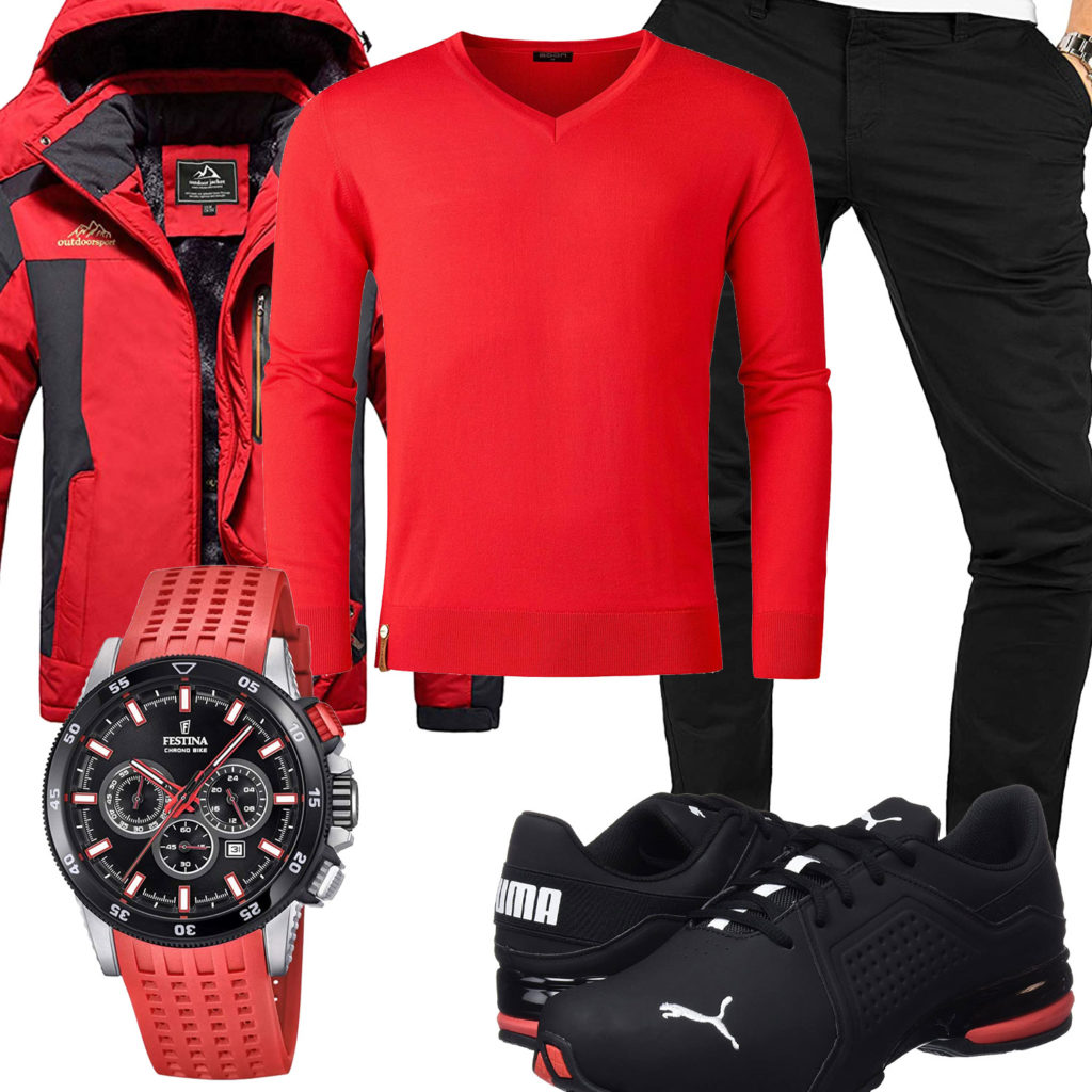 Schwarz-Rotes Herrenoutfit mit warmer Winterjacke
