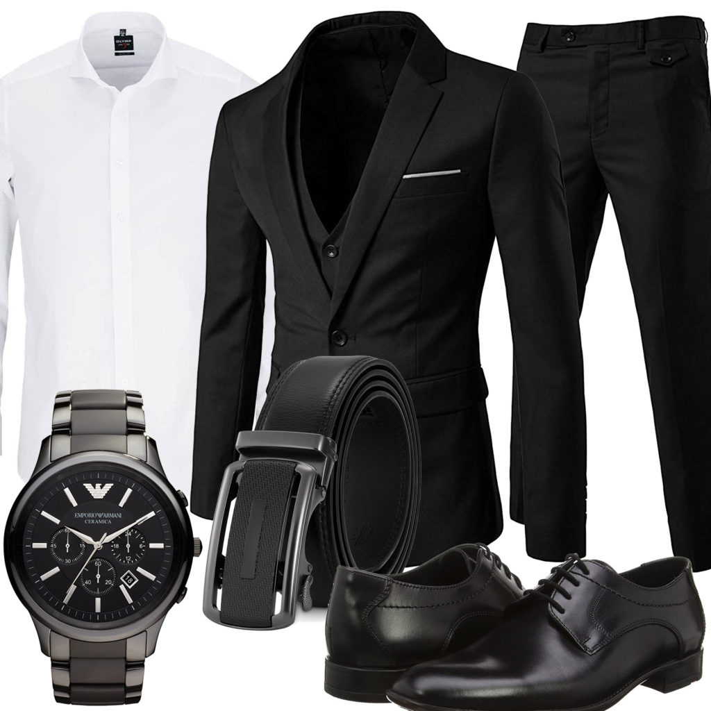 Herrenoutfit mit schwarzem Anzug, Uhr und Gürtel