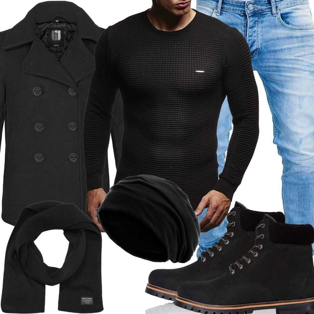 Schwarzes Herrenoutfit mit Pullover, Boots und Schal