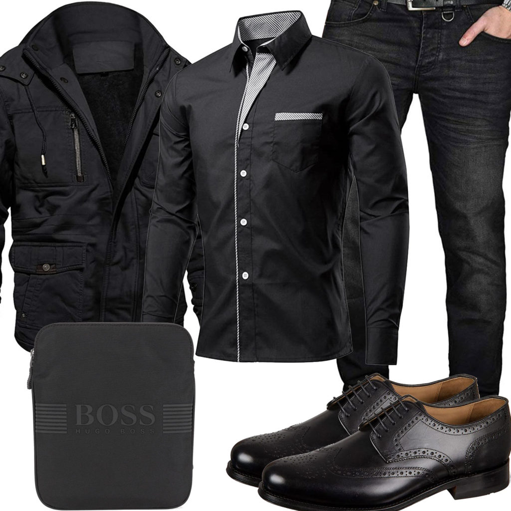 Schwarzes Herrenoutfit mit Hemd, Jacke und Jeans