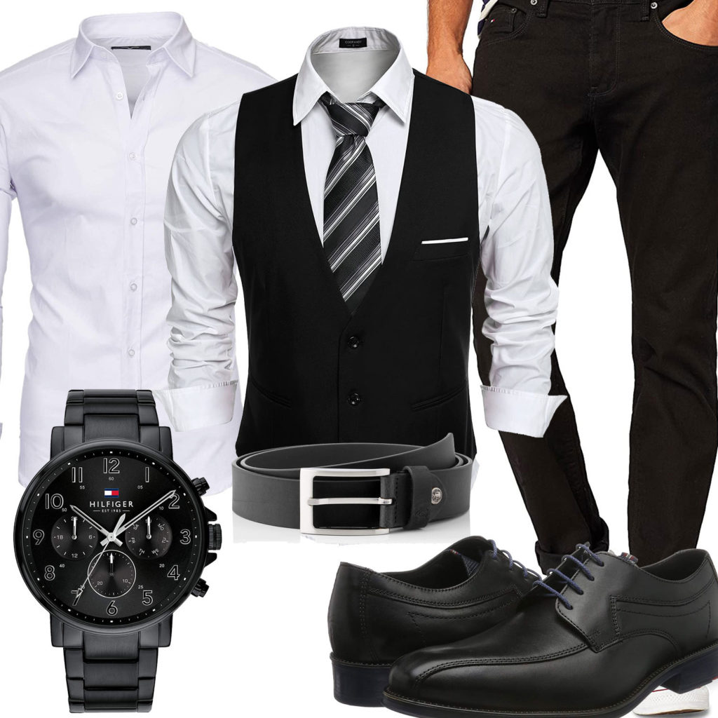 Schwarz-Weißes Herrenoutfit mit Hemd und Weste