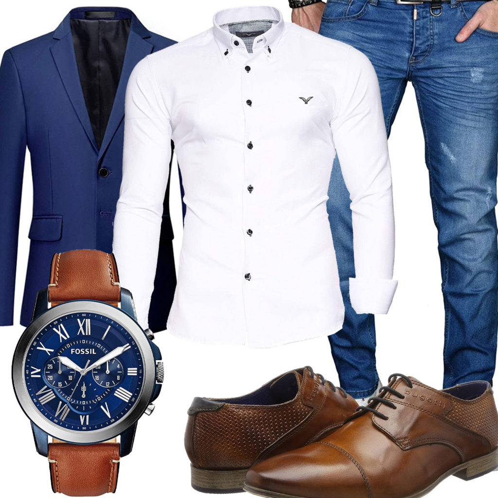 Business-Herrenoutfit mit blauem Sakko und Jeans