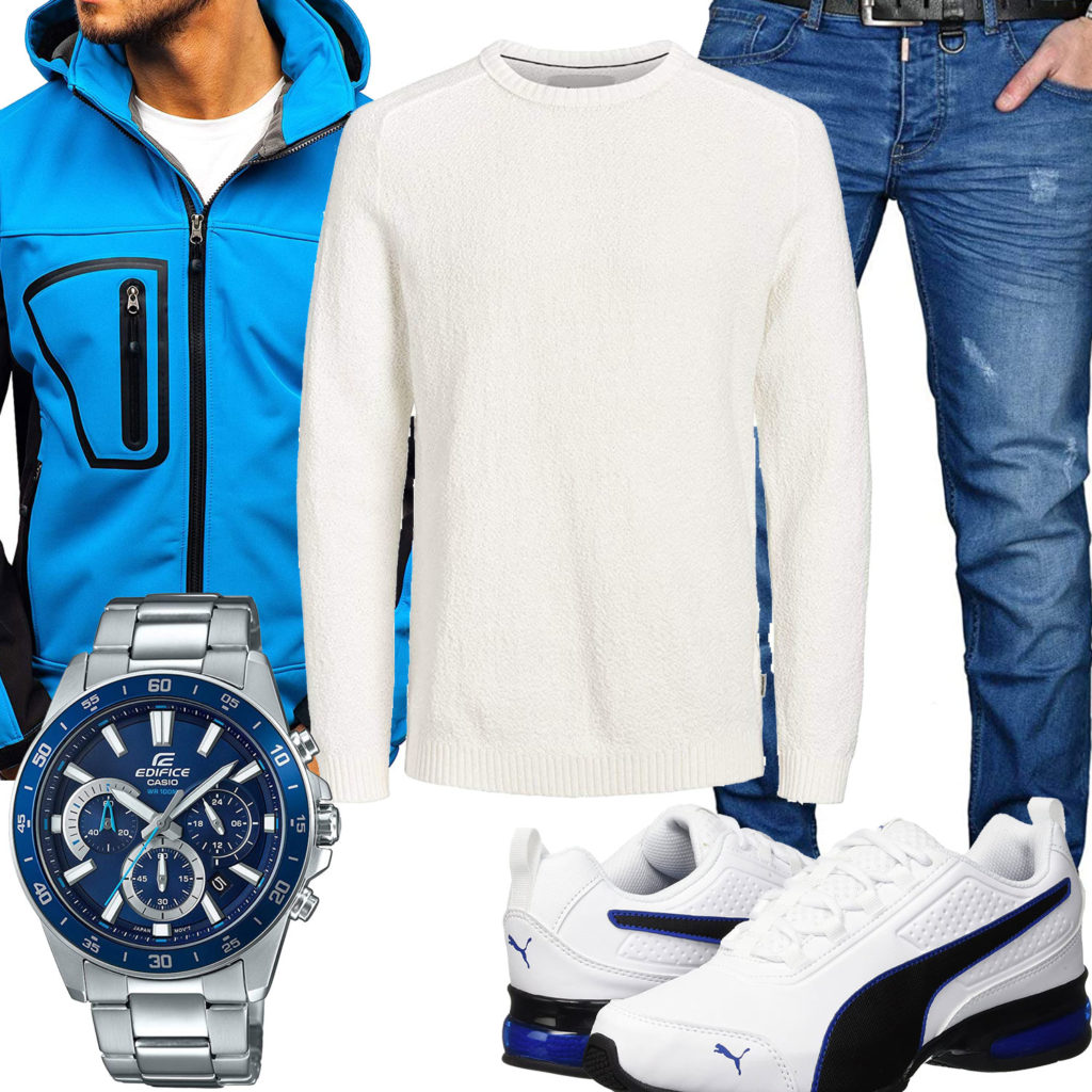 Weiß-Blaues Herrenoutfit mit Softshelljacke und Uhr