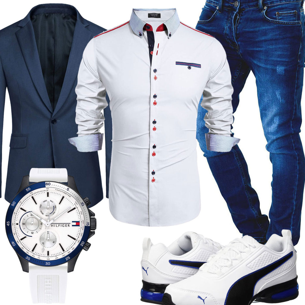 Weiß-Blauer Style mit Hemd, Sakko und Uhr