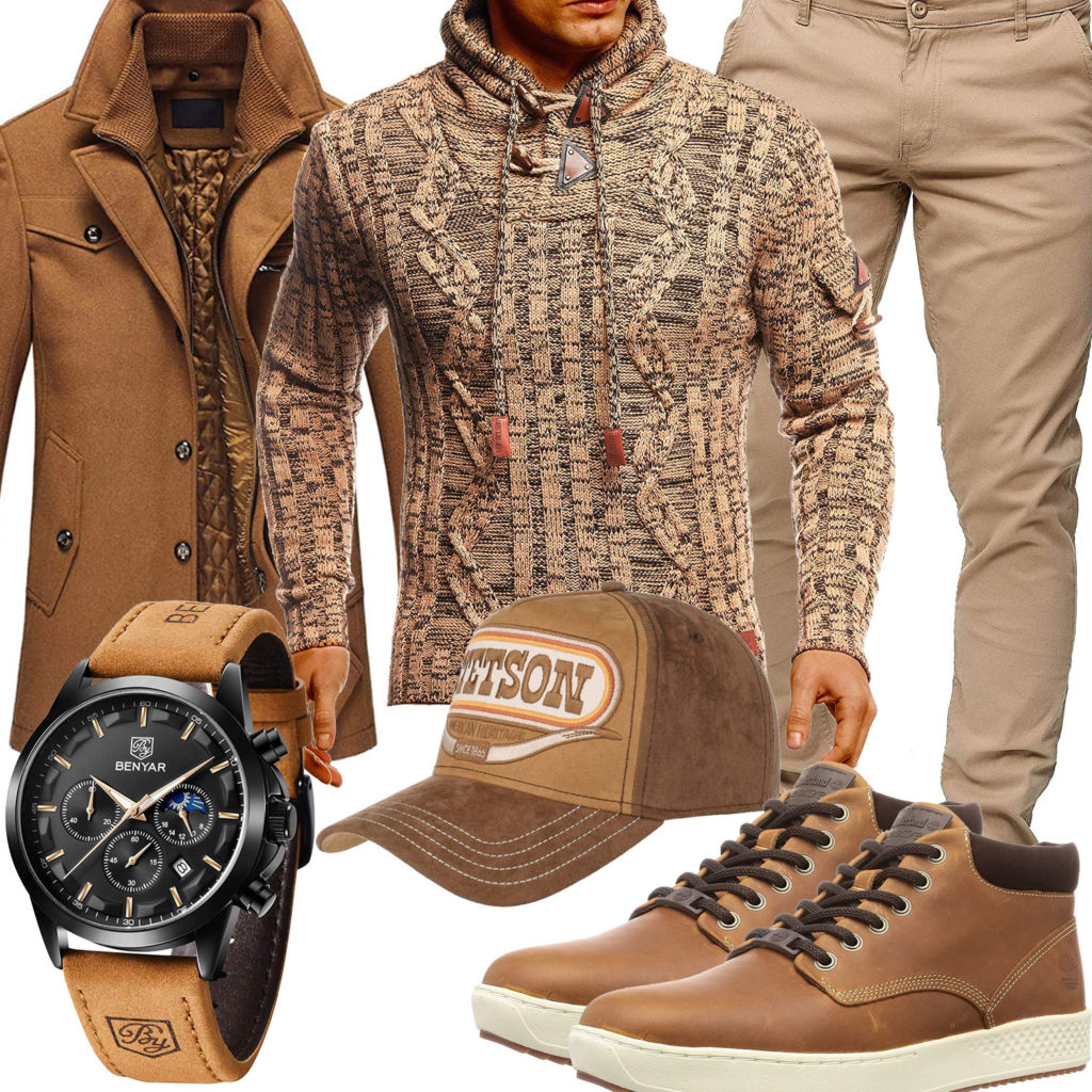 Beiger Style mit Pullover, Mantel und Cap
