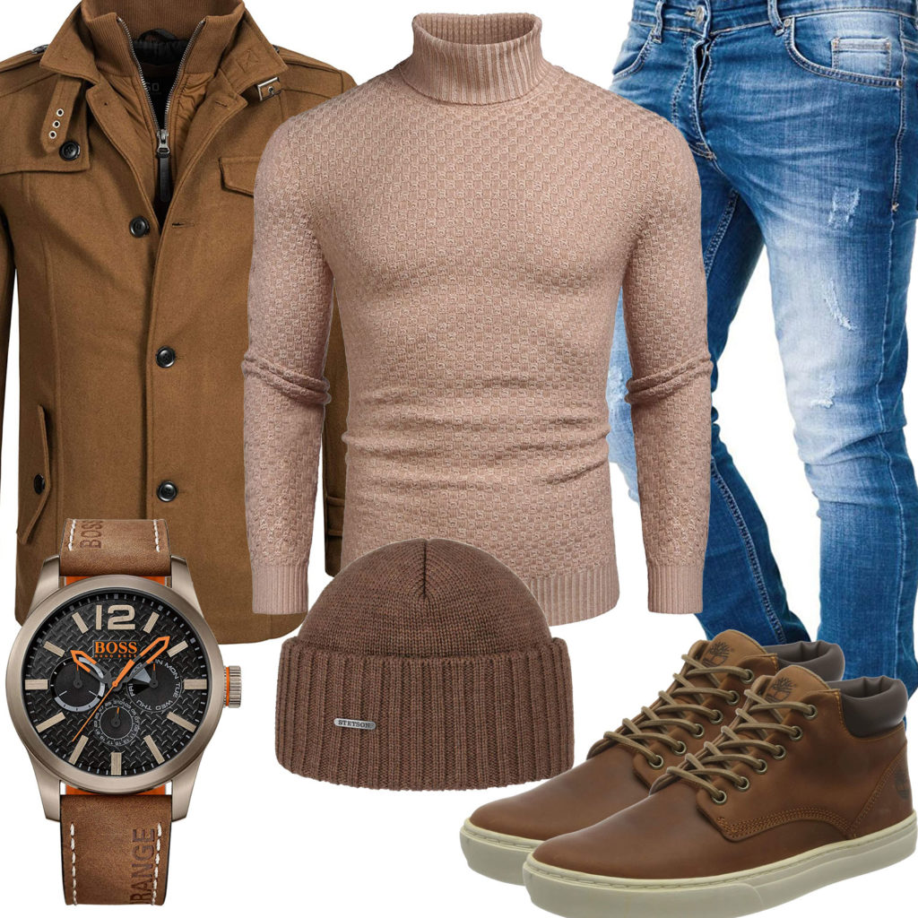 Beige-Brauner Style mit Pullover, Parka und Mütze