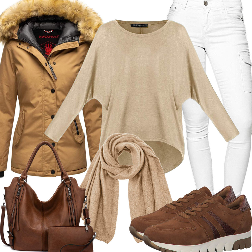 Beige-Braunes Damenoutfit mit Jacke, Pullover und Schal