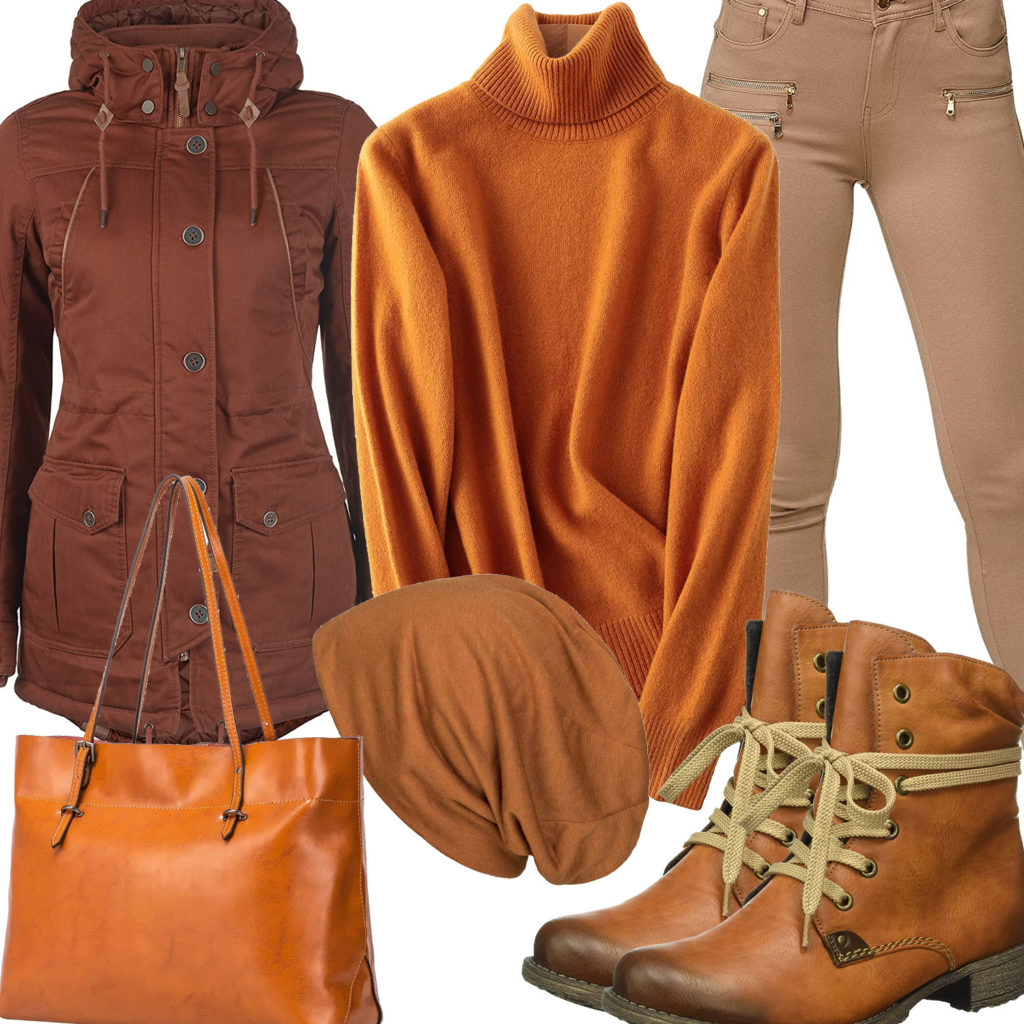 Orange-Beiges Damenoutfit mit Pullover und Tasche