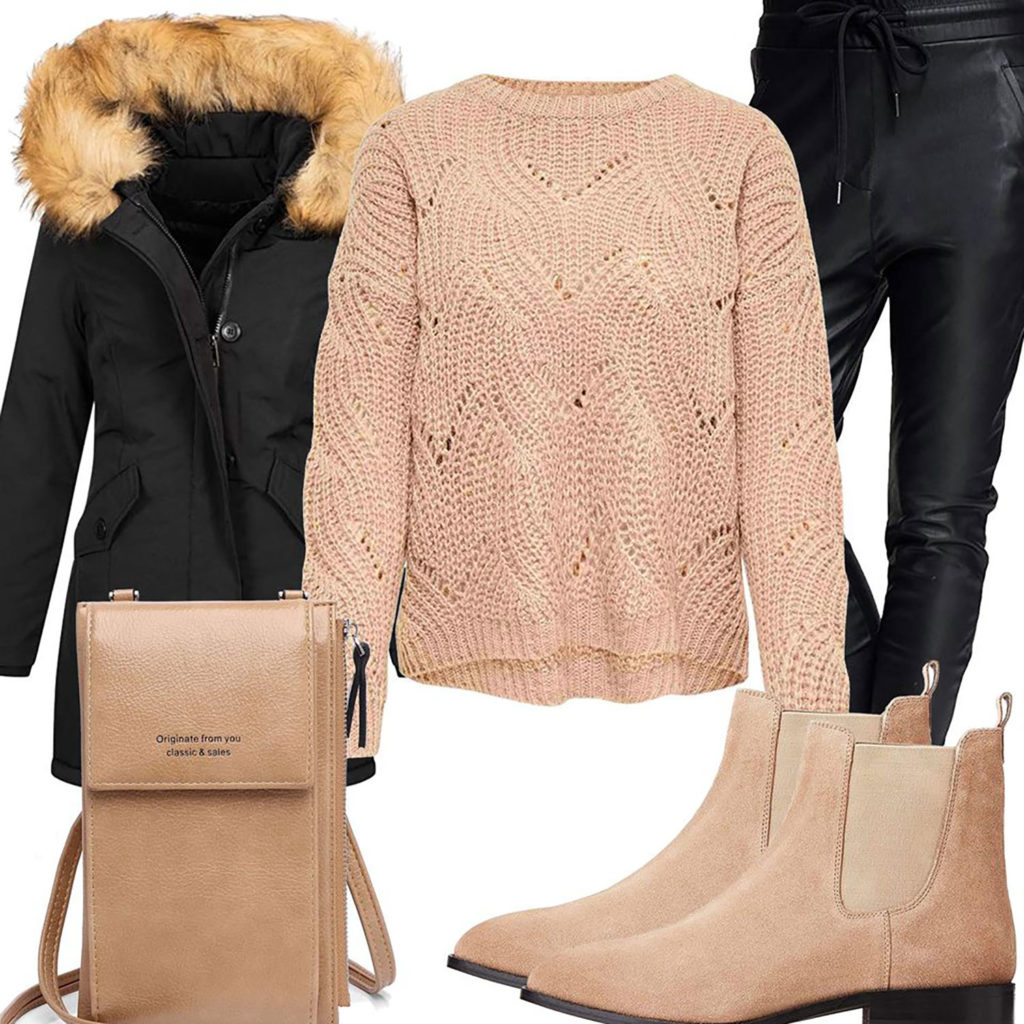 Beige-Schwarzes Frauenoutfit mit Winterjacke und Pullover