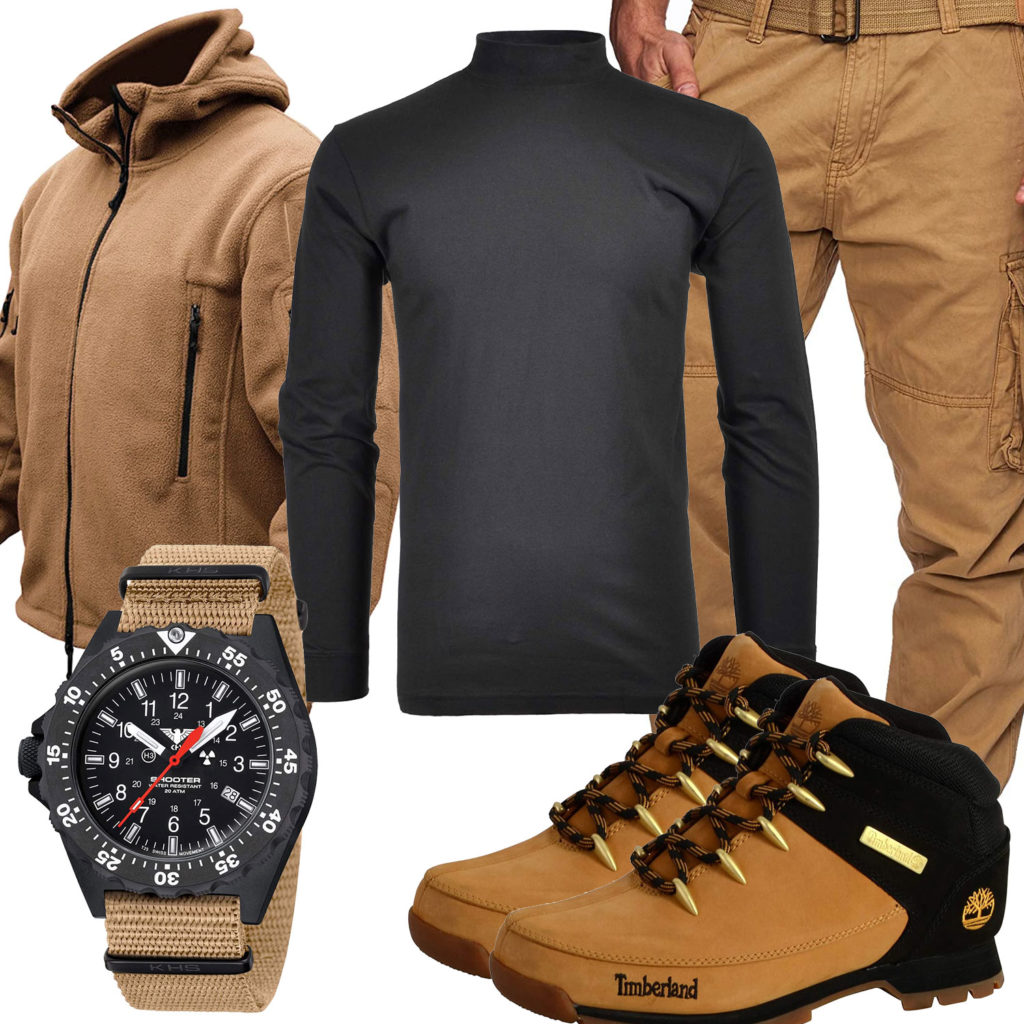 Beige-Schwarzes Herrenoutfit mit Pullover, Boots und Jacke