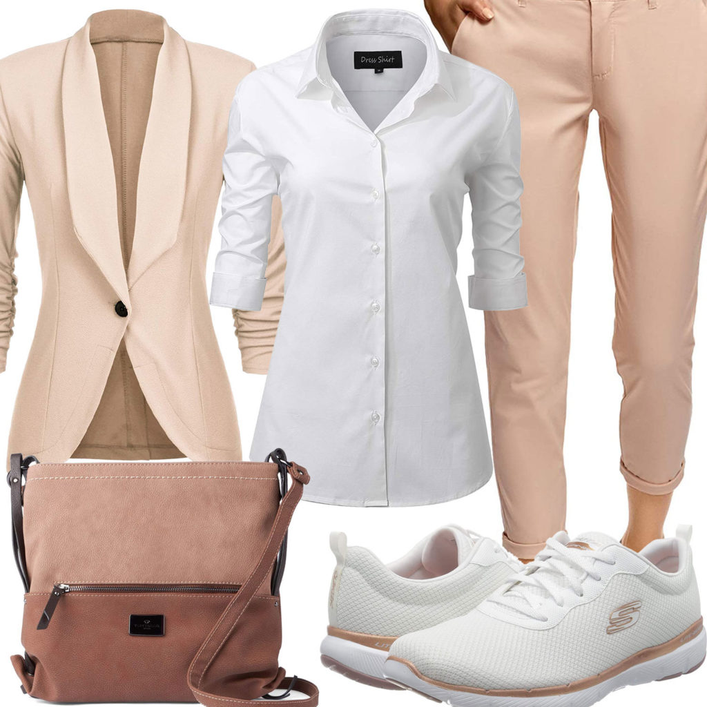 Beige-Weißes Damenoutfit mit Bluse und Blazer