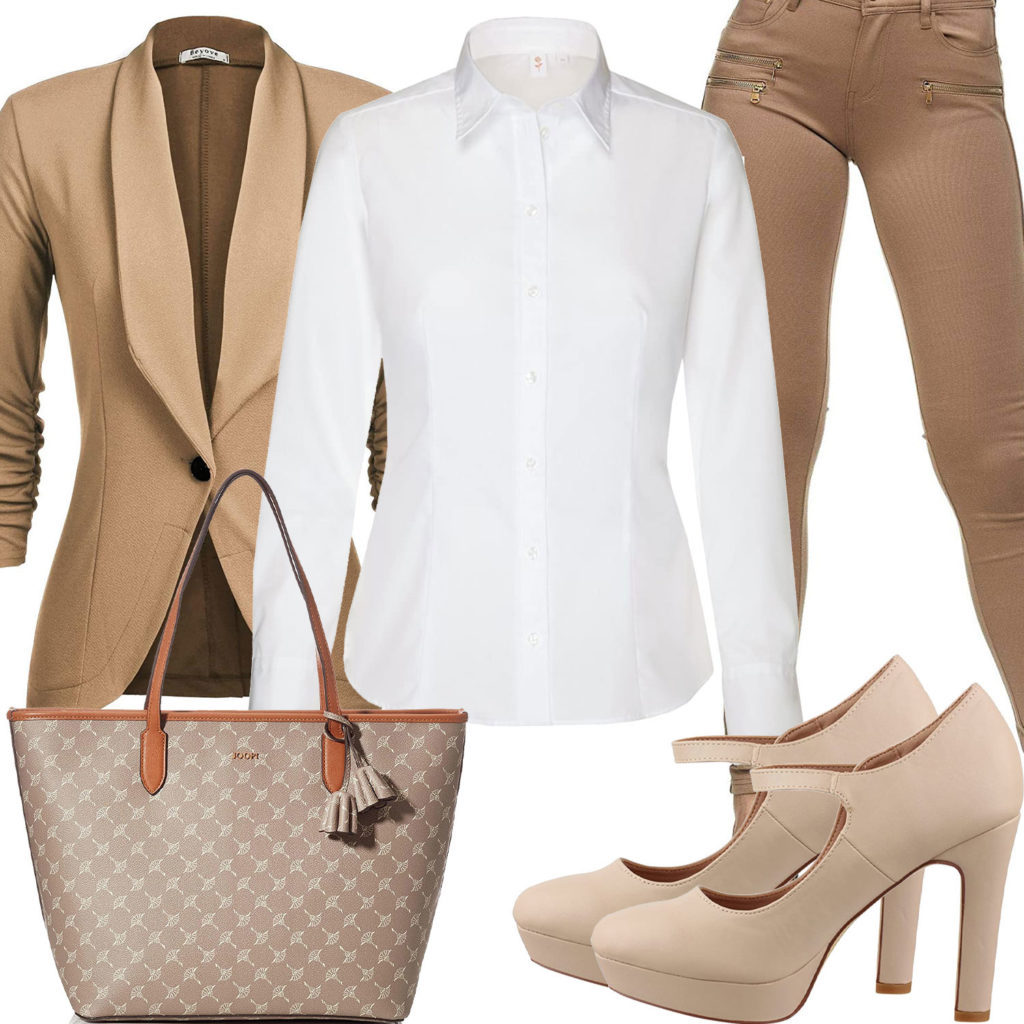 Elegantes Frauenoutfit mit beigem Blazer, Tasche und Pumps