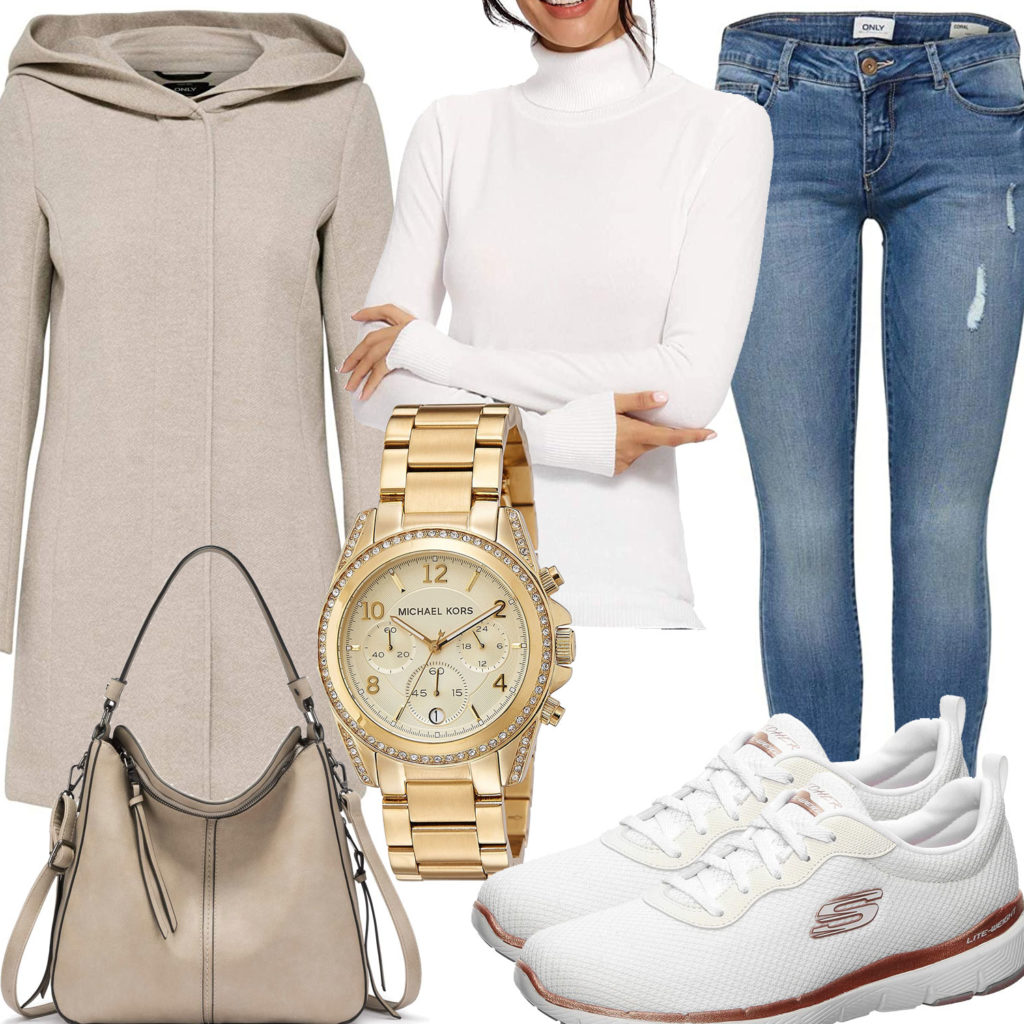 Beige-Weißes Damenoutfit mit Mantel und Pullover