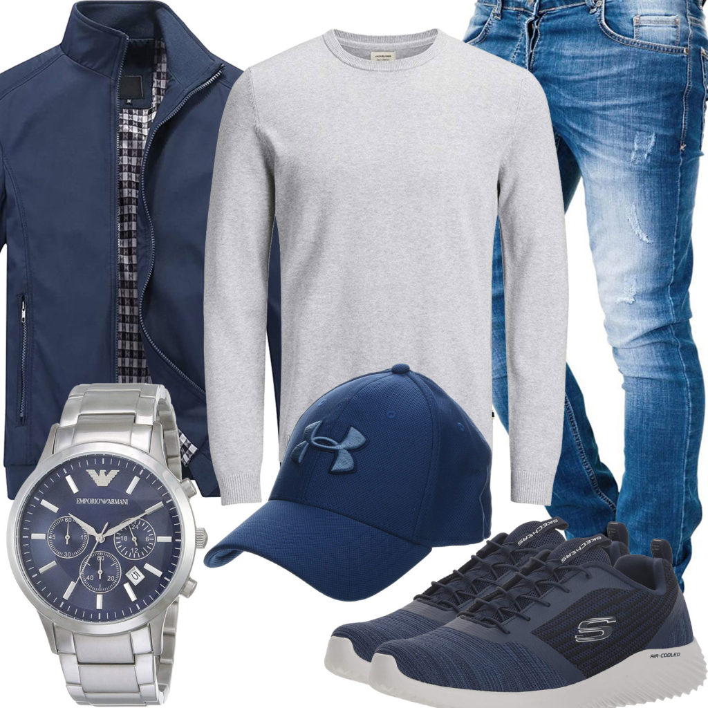 Blau-Graues Herrenoutfit mit Jacke, Cap und Uhr