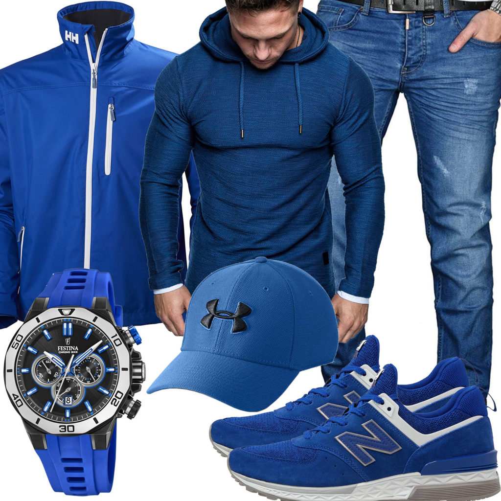 Blaues Herrenoutfit mit Cap, Uhr und Sneakern