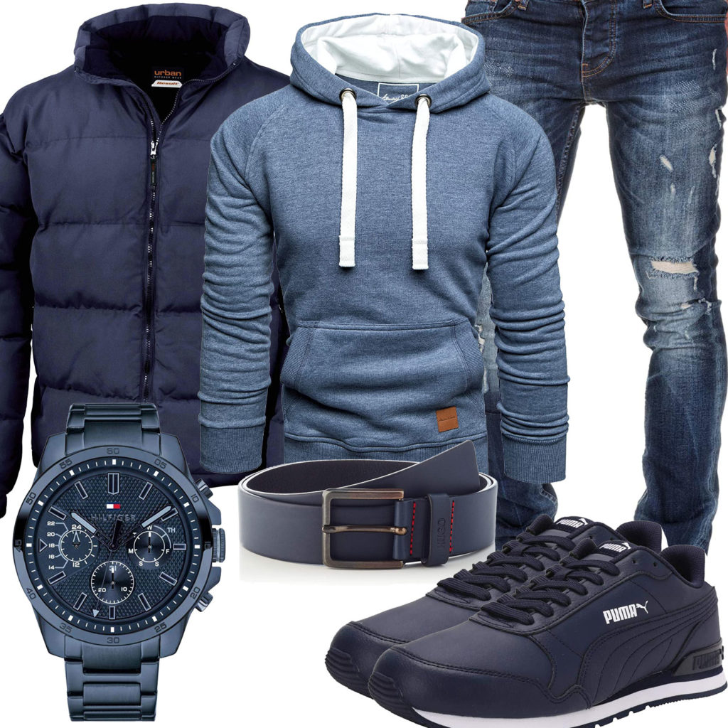 Blaues Herrenoutfit mit Hoodie, Steppjacke und Jeans